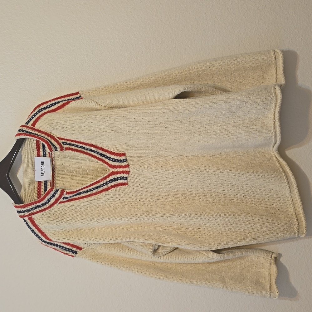 RE/DONE 90s Ivory V Neck Beach Rib Knit Wool Oversized Pull Over Sweater